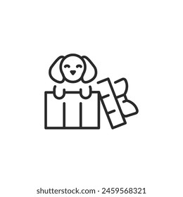  Icon depicting an adorable puppy peeking out from an opened gift box, symbolizing a pet as a special surprise or a loving gesture of pet adoption. Ideal for use in heartfelt gift. Vector illustration