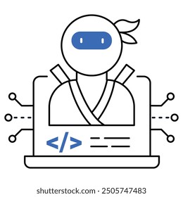 An icon depicting AI-driven programming with a ninja figure on a laptop, highlighting automated coding, machine learning in software, and AI-enhanced development tools.