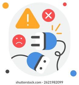 An icon depicting a broken plug and warning signs, ideal for safety awareness in technology or electrical contexts.