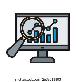 An icon depicting business analytics and data analysis. A magnifying glass is positioned over a computer screen displaying charts and graphs