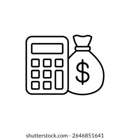 Ícone que representa uma calculadora ao lado de um saco de dinheiro, simbolizando cálculos financeiros e riqueza.