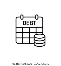 Ícone que representa um calendário com 'DÍVIDA' e moedas que ilustram o plano de reembolso de dívida.