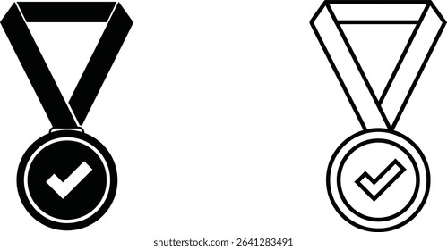 Icon depicting a checkmark medal design in two contrasting styles, showcasing achievement and recognition