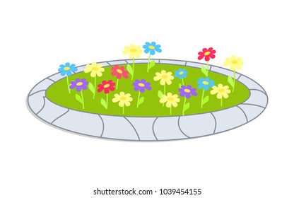 Icon depicting colorful round flowerbed cartoon style isolated vector illustration. Flowering plants in green grass surrounded by stone