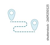 Icon depicting the distance or route between two map pins. Symbolizes travel planning, delivery paths, and spatial relationships. A clean graphic for navigation apps and location-based services.