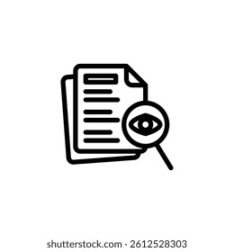 Icon depicting document analysis with a magnifying glass over it, suggesting review or investigation Suitable for business or security concepts.