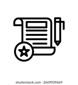 Ícone que representa um documento com uma estrela, caneta, que significa escrita de qualidade e alta classificação.