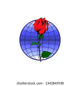 Icon depicting the Earth Planta and rose, Earth Day. Vector illustration isolated on white background