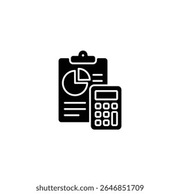 Icon depicting financial analysis tools: a calculator and a report with charts.