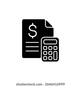 Icon depicting a financial calculation, showing an invoice with a dollar sign and a calculator.