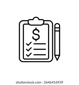 Ícone que representa uma lista de verificação financeira com um lápis, representando orçamento e contabilidade.