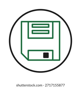 An icon depicting a floppy disk set within a crisp circular frame, symbolizing the bygone era of data storage and computer history. The vibrant green lines against the stark white present a blend of