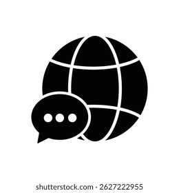 Icono que representa un globo terráqueo con una burbuja de discurso que simboliza la comunicación global y la conexión entre personas o culturas