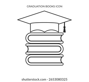 An icon depicting a graduate's cap on three books, signifying higher education, study, and academic success.