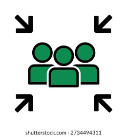 An icon depicting a group of three people with arrows pointing inwards from the corners, symbolizing a meeting point or assembly area.