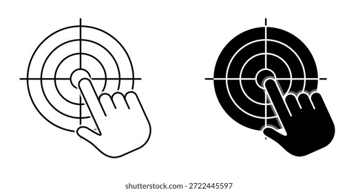 Um ícone que representa uma mão apontando para um alvo ou pressionando um alvo, simbolizando uma seleção ou um clique. Ilustração vetorial