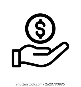 Icon depicting a hand receiving a dollar coin, symbolizing financial support or donation.