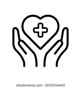Icon depicting hands gently holding a heart with a cross, symbolizing healthcare and protection.