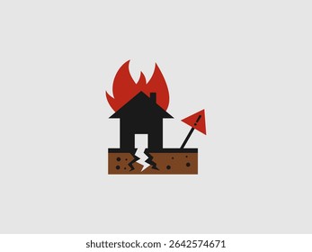 Um ícone representando uma casa em chão rachado com chamas emergindo de seu telhado