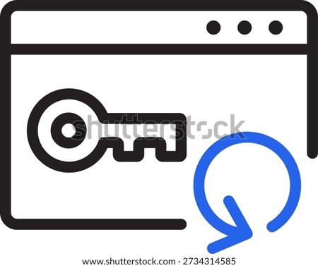 An icon depicting a key inside a browser window with a refresh arrow, symbolizing password reset or account recovery.