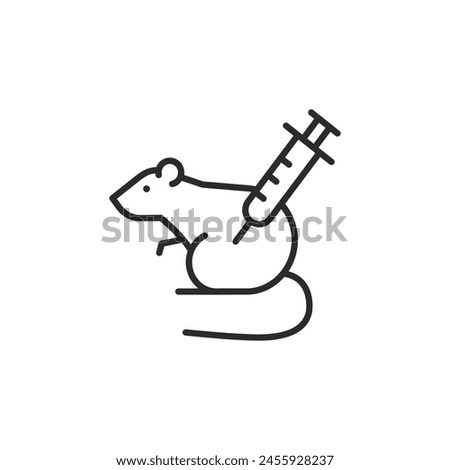 Icon depicting a lab mouse with a syringe, commonly associated with medical and scientific research, including drug development and testing. Vector illustration. 