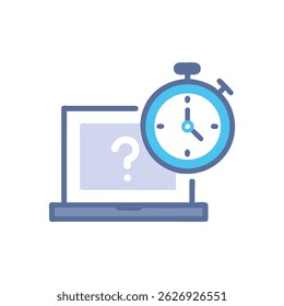 An icon depicting a laptop with a question mark and timer symbolizing deadline. Flat design style.