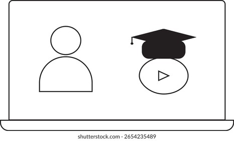 Ícone que representa uma tela de laptop com um perfil de usuário genérico e um teto de formatura em um botão de reprodução, simbolizando educação on-line, e-learning, webinars acadêmicos e cursos digitais