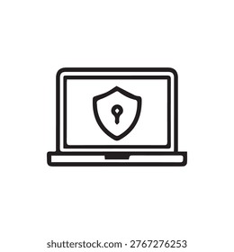An icon depicting a laptop with a shield and keyhole on its screen representing robust cybersecurity data protection and digital privacy for online safety