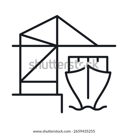 Icon depicting loading and unloading operations in a port, with a ship moored next to a crane, reflecting maritime logistics and port operations.