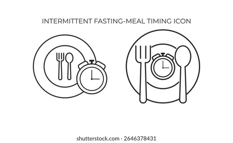 Icon depicting meal plates with clocks, symbolizing structured eating times or intermittent fasting or timed meals and dietary schedules.