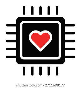 Un icono que representa un microchip con un corazón rojo, que simboliza la IA, la tecnología de la salud y la inteligencia emocional.