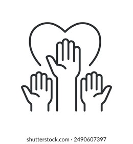 Icon depicting multiple raised hands forming a heart shape, representing volunteerism and support. Vector illustration.