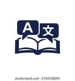 Icon depicting an open book with speech bubbles showing English A and a Chinese character, symbolizing language translation, dictionary, and learning.