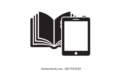 Icon depicting open book and tablet representing digital reading and electronic publication