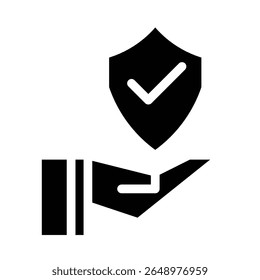 icon depicting an open hand holding a shield with a check mark.