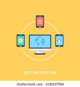 
An icon depicting an operating system dividing its resources to other small devices representing the concept of virtualization. 
