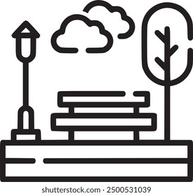 An icon depicting a park with a bench, tree, and lamp post, perfect for representing outdoor spaces, recreation, and urban planning. EPS