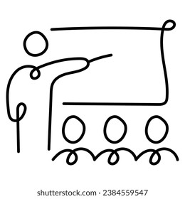 An icon depicting a person pointing at a board during a presentation to three individuals below, symbolizing leadership, teamwork, and discussions.