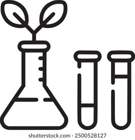 An icon depicting a plant growing from a flask alongside two test tubes, representing biotechnology, research, and eco-friendly scientific innovation. EPS