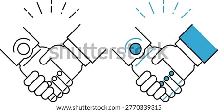 Icon depicting a robot and a businessman shaking hands, image of coexistence with AI.