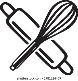 Icon depicting a Rolling pin and a whisk. Bakery products. line