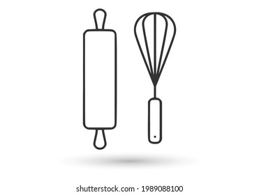 Icon depicting a Rolling pin and a whisk. Bakery products.
