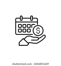 Icon depicting scheduled payment; calendar, coin, and hand symbolize timely financial transactions.