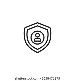 Un icono que representa un escudo con un símbolo de perfil de usuario en su interior, que representa la protección de la identidad, la seguridad del usuario y la privacidad de los datos personales.