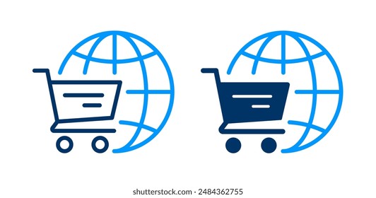 Icon depicting a shopping cart overlaid on a globe, representing global online shopping. Vector illustration.