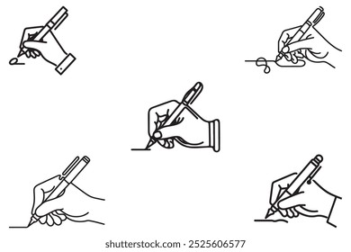 An icon depicting signature handwriting, featuring a hand holding a pen, presented as vector line art against a white backdrop.