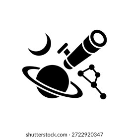 Um ícone que representa a exploração espacial com um telescópio, planeta, lua e constelação.