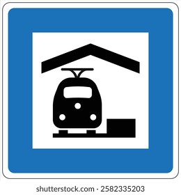 Icon depicting a train entering a station under a shelter.