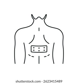 icon depicting a transdermal drug delivery system, drawn with thin lines. It shows the back with a medical plaster applied to the midline thoracic region