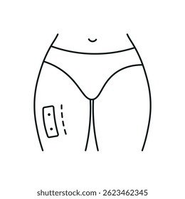 Icon depicting a transdermal drug delivery system, drawn with thin lines. It shows a thigh with a medical plaster applied to the upper part of the leg between the pelvis and the knee